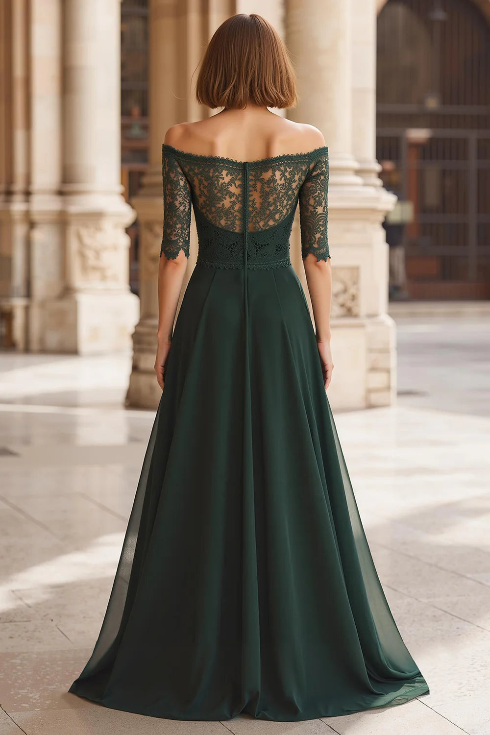 Retro Dark Green Chiffon A-Line Off the Shoulder Half Sleeve with Lace Long Elegant Wedding Guest Dress For Women New Style Mother of the Bride Dress