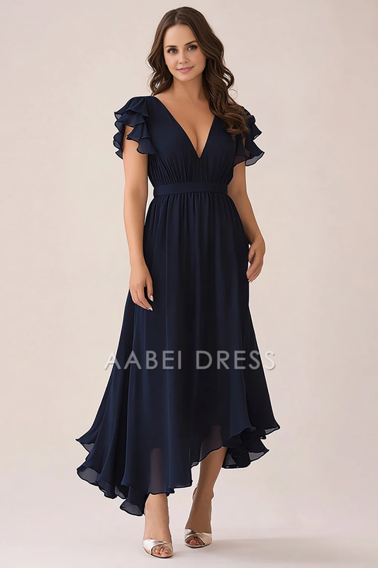 AABEI DRESS Mother Of The Bride Dress V-Neck Chiffon Flowy Sleeve Ruched Plus Size Long Formal Wear Dresse