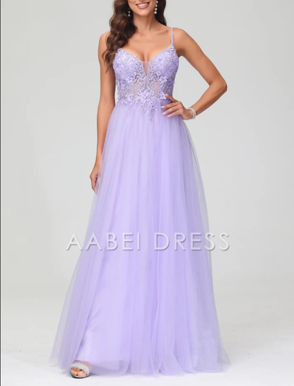 AABEI DRESS Charming A-Line V Neck Spaghetti Straps Tulle Applique Long Dress Exquisite Evening Dress