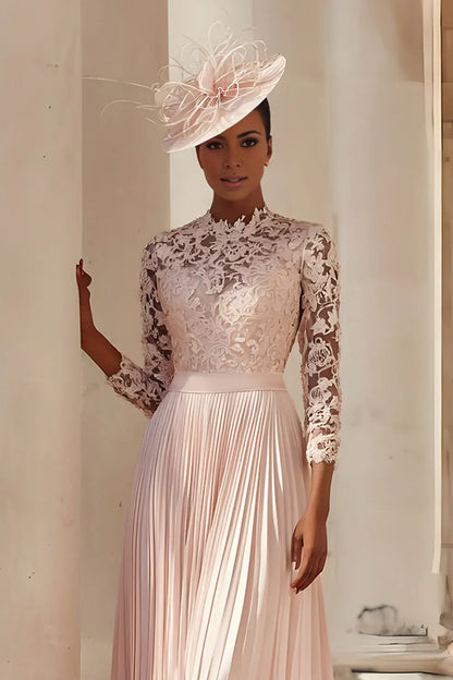 Retro Blush Pink A Line High Collar with Lace 3/4 Long Sleeve Pleated Dress Elegant Midi Wedding Guest Dress For Women Hot Sale Mother of the Bride Dress