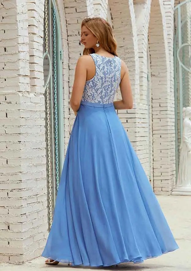 Elegant Chiffon Lace A-line Scoop Neck Sleeveless With Pockets Ruched Affordable Floor-Length Bridesmaid Dress