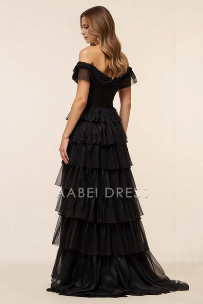 AABEI DRESS Hot Sale Prom Dress A Line Off The Shoulder Chiffon Tiers With Slit Fashion Long Formal Dress