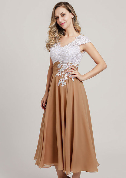 Vintage Elegant Wedding Guest Dresses Chiffon A-line V Neck Cap Sleeve With Lace Applique Ruched Tea-Length Bargain Mother of the Bride Dress
