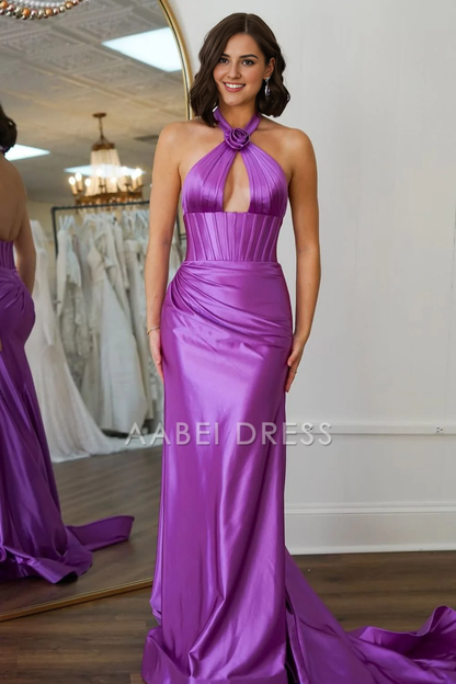 AABEI DRESS Hot Sale Prom Dress Sweet Mermaid Unique Halter Neck Pleated Backless Long Satin Sweep Train Formal Dress