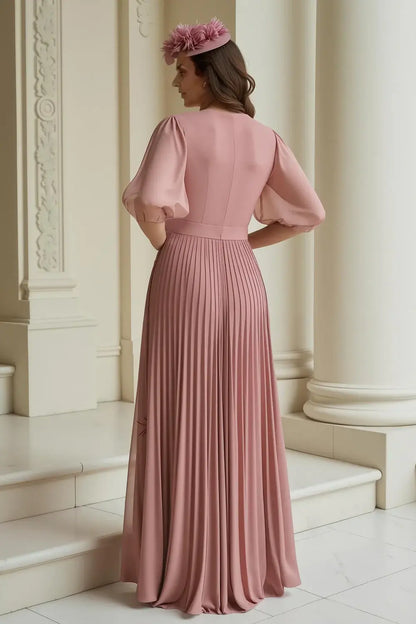 Exquisite Dusty Rose Chiffon A Line V Neck Transparent Half Sleeve Pleated Dress Fashion Long Wedding Guest Dress Hot Sale Mother of the Bride Dresses