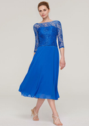 Vintage Elegant Wedding Guest Dresses Royal Blue Chiffon Lace A-line Bateau 3/4 Sleeve With Beading Ruched Tea-Length Bargain Mother of the Bride Dress