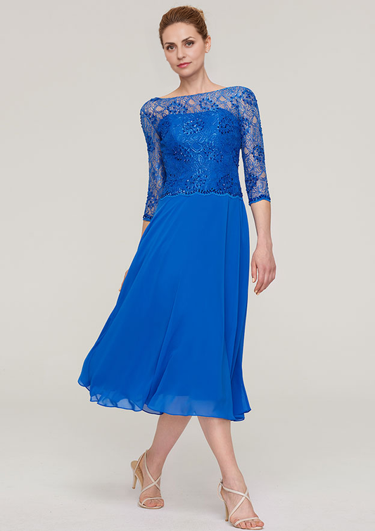 Royal Blue Lace A-Line Boat Neck Back Zip Tea-Length Dress