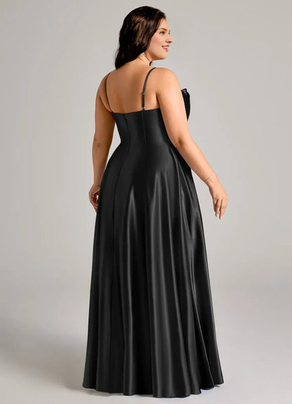 Wedding Guests Dresses Simple Black A-Line Spaghetti Strap Sleeveless with Pockets Side Fork Ruched Backless Floor-Length Plus Size Formal Dress Discount Hot Sale Prom Dress