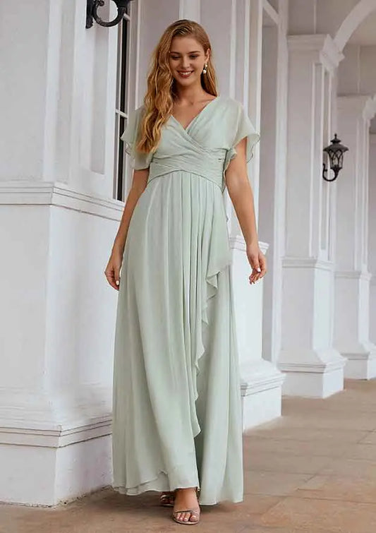 Fashion Mint Green Chiffon A-line V Neck Short Sleeve With Pleated Tiers Ruffles Backless Affordable Floor-Length Bridesmaid Dress