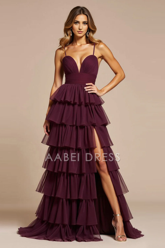 AABEI DRESS Hot Sale Prom Dress Fashion A Line V-Neck Backless Ruched Tiered Exquisite Long With Slit Formal Dress