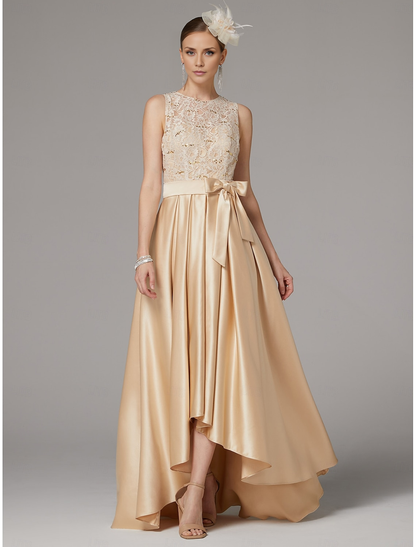 AABEI DRESS Wedding Guest Dress A-Line Elegant Jewel Neck High Low  Asymmetrical Satin Lace Sleeveless Floor Length with Bow(s) Pleats Mother of the Bride Dress