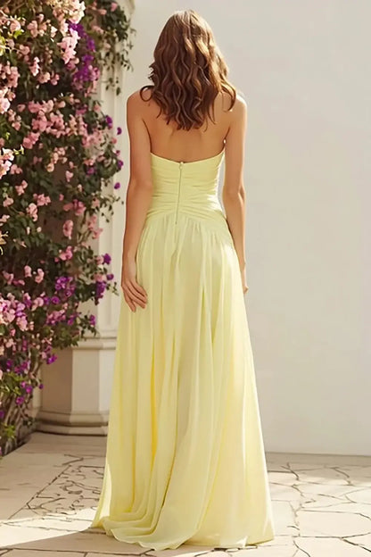 Elegant Prom Dress Light Yellow A Line Strapless Sweetheart Neckline Pleated Sleeveless Backless Bargain Long Wedding Guest Dress