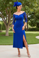 Royal Blue Sheath V Neck Lace 3/4 Long Sleeve Pleated Waist Side Fork Elegant Midi Wedding Guest Dress Hot Sale Mother of the Bride Dresses