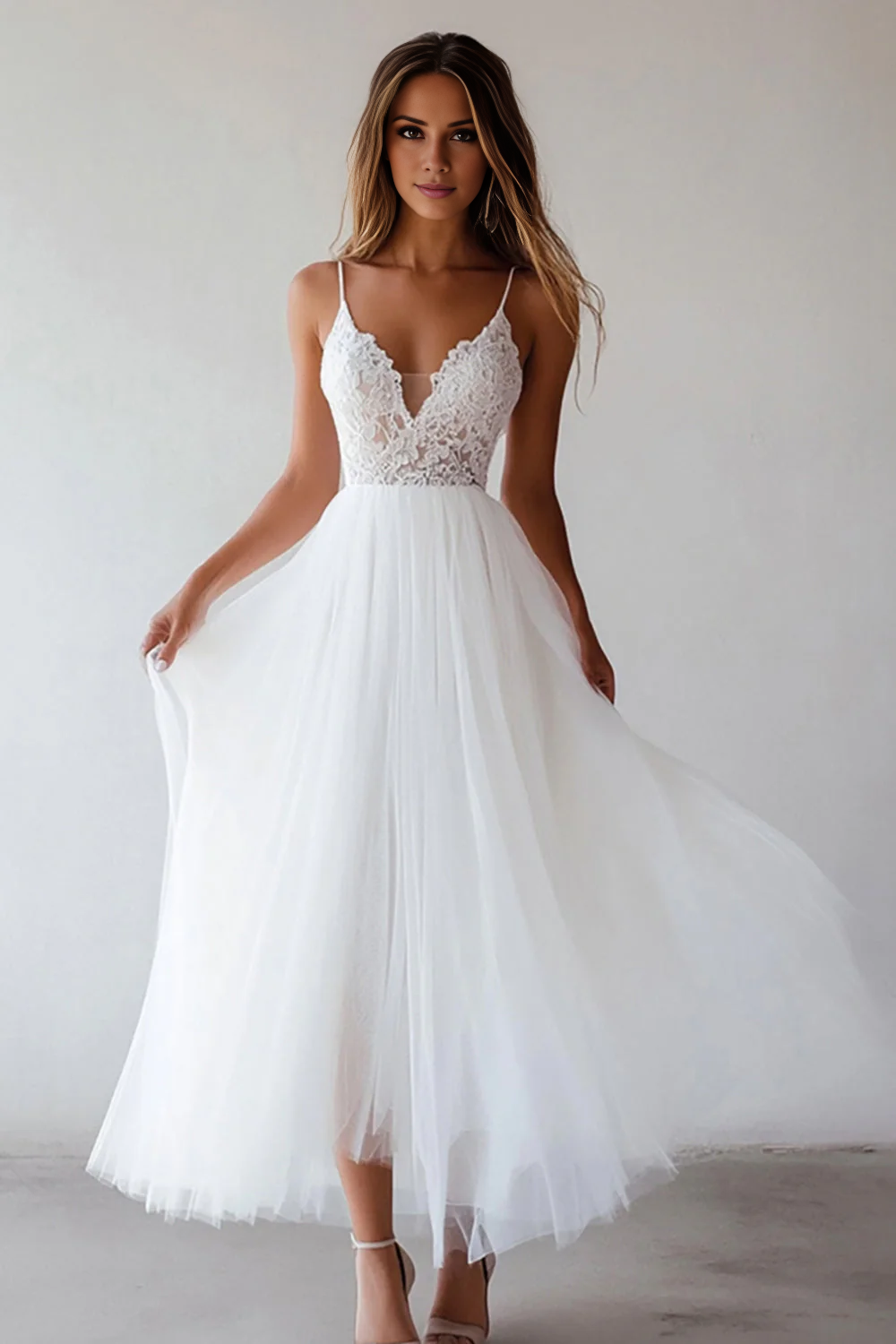 Whimsical A-line V-neck Spaghetti-strap Lace-up-back Midi-length Homec – Aabei Dress