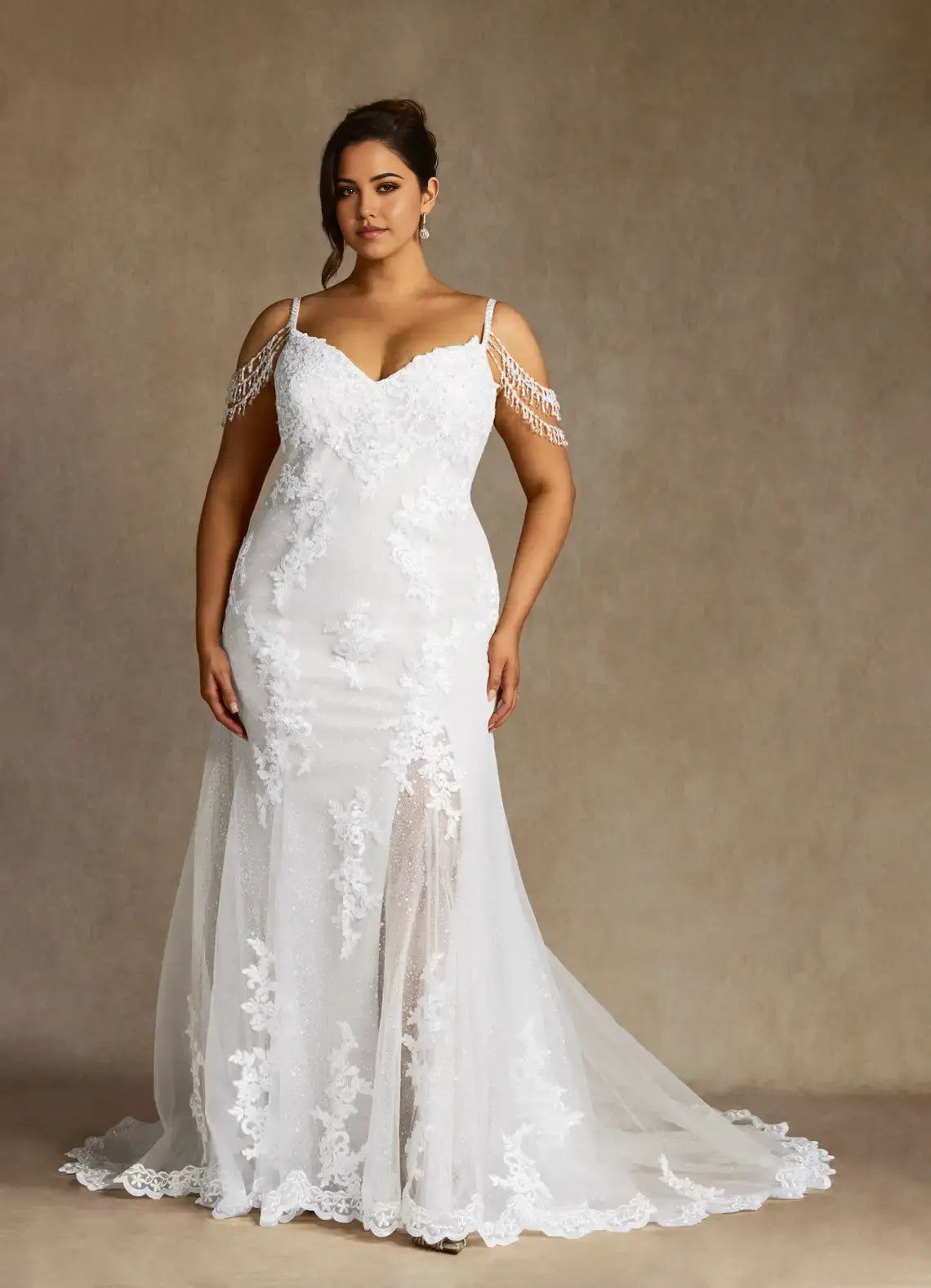 Exquisite White Mermaid Spaghetti Strap V Neck Sleeveless Beaded Tassel Sequins Tulle Lace Applique Side Fork Plus Size Hot Sale Wedding Dress