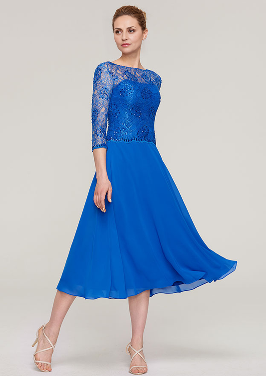 Royal Blue Lace A-Line Boat Neck Back Zip Tea-Length Dress