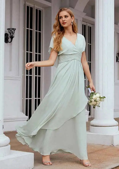 Fashion Mint Green Chiffon A-line V Neck Short Sleeve With Pleated Tiers Ruffles Backless Affordable Floor-Length Bridesmaid Dress
