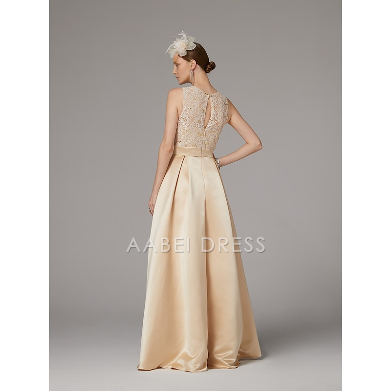 AABEI DRESS Wedding Guest Dress A-Line Elegant Jewel Neck High Low  Asymmetrical Satin Lace Sleeveless Floor Length with Bow(s) Pleats Mother of the Bride Dress