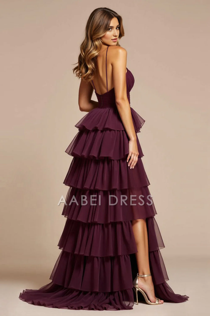 AABEI DRESS Hot Sale Prom Dress Fashion A Line V-Neck Backless Ruched Tiered Exquisite Long With Slit Formal Dress