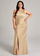 Wedding Guests Dresses Champagne Fashion Mermaid One Shoulder Sleeveless Pleated Backless Side Fork Floor-Length Plus Size Formal Dress Discount Hot Sale Prom Dress