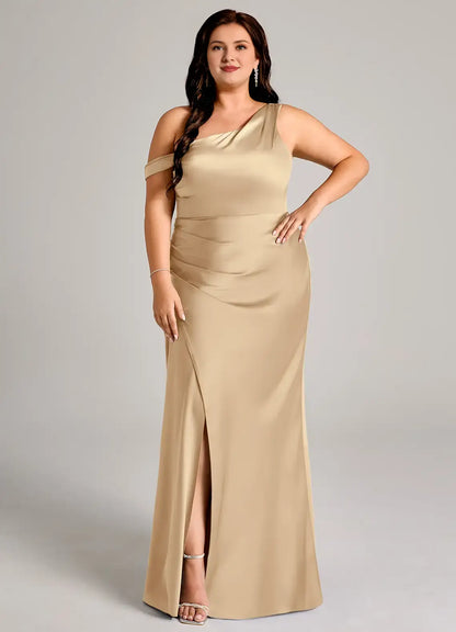 Wedding Guests Dresses Champagne Fashion Mermaid One Shoulder Sleeveless Pleated Backless Side Fork Floor-Length Plus Size Formal Dress Discount Hot Sale Prom Dress