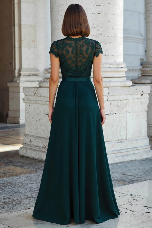 Exquisite Peacock Green A-Line Round Neck Cap Sleeve Chiffon with Beading Lace Long Retro Wedding Guest Dress For Women New Style Mother of the Bride Dress