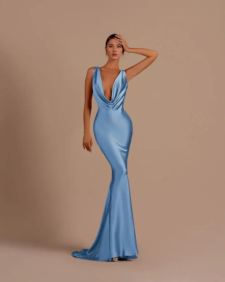 Charming Formal Women's Dresses Sexy Black Mermaid Deep V Neck Sleeveless Long Affordable Prom Dress