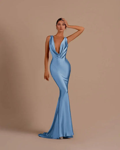 Charming Formal Women's Dresses Sexy Black Mermaid Deep V Neck Sleeveless Long Affordable Prom Dress