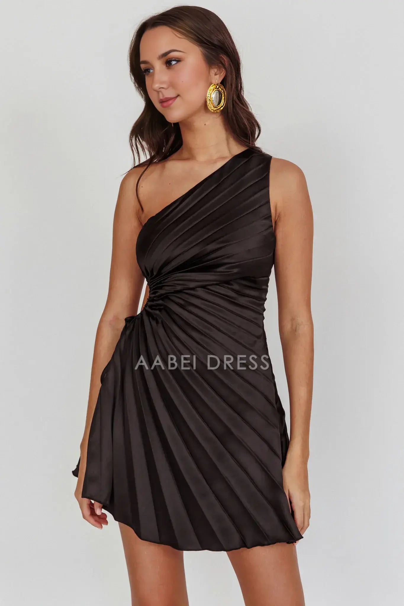 A Line One-Shoulder Pleat Dress Texture Hollow Drawstring Design Sense Mini Dress Hot Sale Homecoming Dress