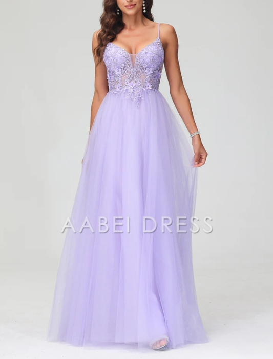 AABEI DRESS Charming A-Line V Neck Spaghetti Straps Tulle Applique Long Dress Exquisite Evening Dress
