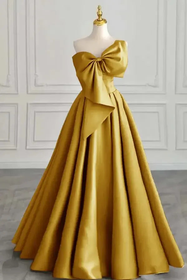 Elegant Formal Women's Dresses Satin A Line One Shoulder Sleeveless With Bowkont Ruched Hem Long Affordable Prom Dress