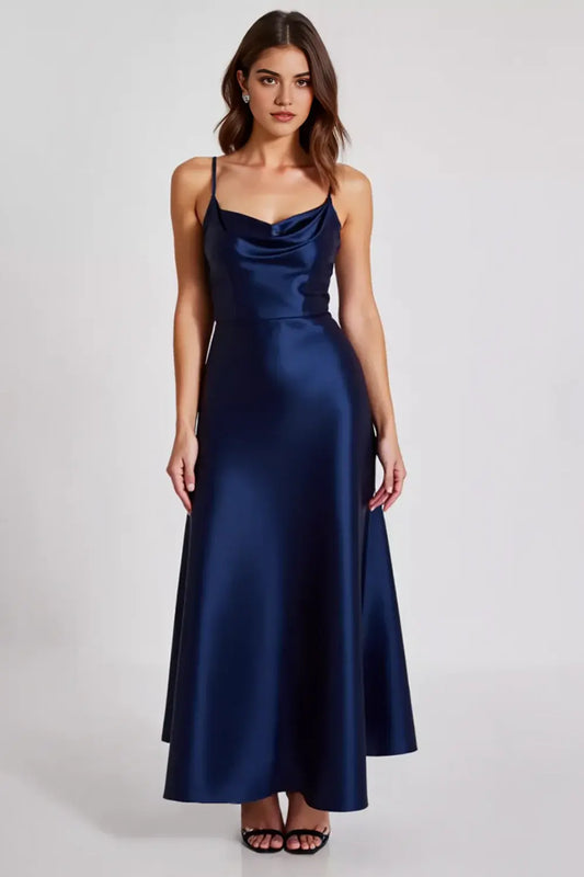 Elegant Navy A Line Spaghetti Straps Strapless Ruched Simple Long Formal Dress Hot Sale Evening Dresses