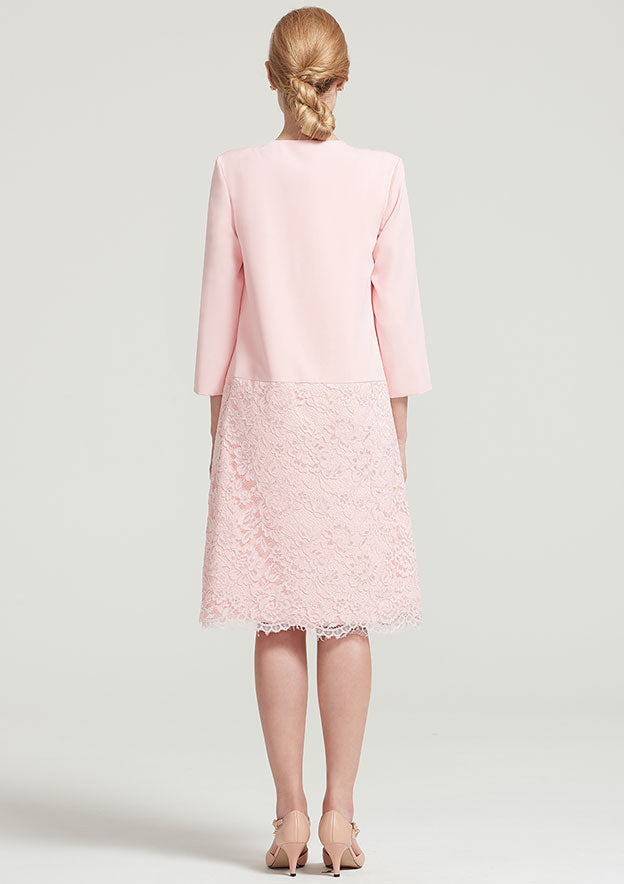 Elegant Wedding Guest Dresses Pink Satin Sheath/Column Scoop Neck Sleeveless With Lace 3/4 Long Sleeve Jacket Two-Piece Knee-Length Bargain Mother of the Bride Dress
