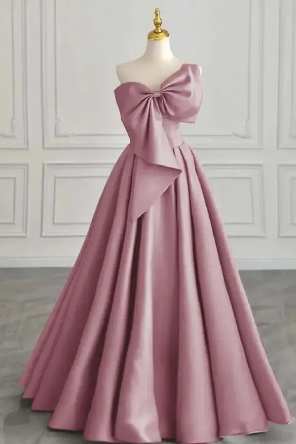 Elegant Formal Women's Dresses Satin A Line One Shoulder Sleeveless With Bowkont Ruched Hem Long Affordable Prom Dress