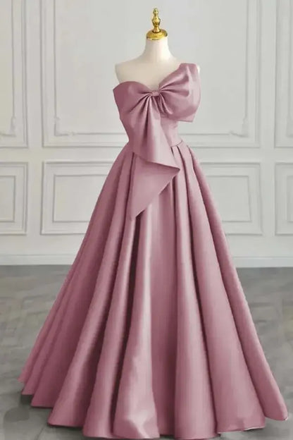 Elegant Formal Women's Dresses Satin A Line One Shoulder Sleeveless With Bowkont Ruched Hem Long Affordable Prom Dress