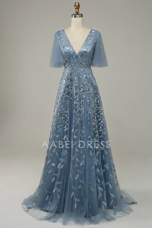 AABEI DRESS Hot Sale Prom Dress Exquisite V Neck Flowing Sleeves Tulle Embroidered Leaves Fashion Formal Dress