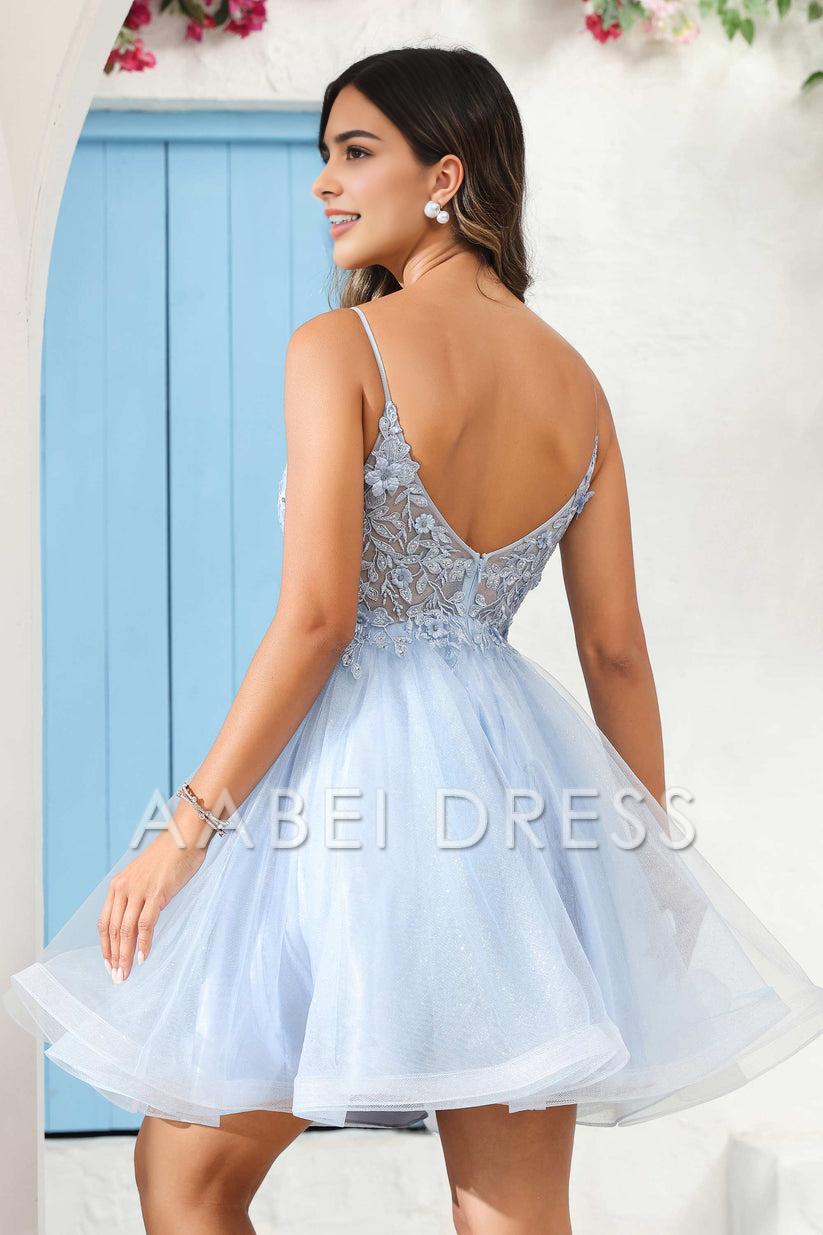 AABEI DRESS Short Dress Exquisite A Line V Neck Spaghetti Straps Backless See-Through Applique New Homecoming Dress