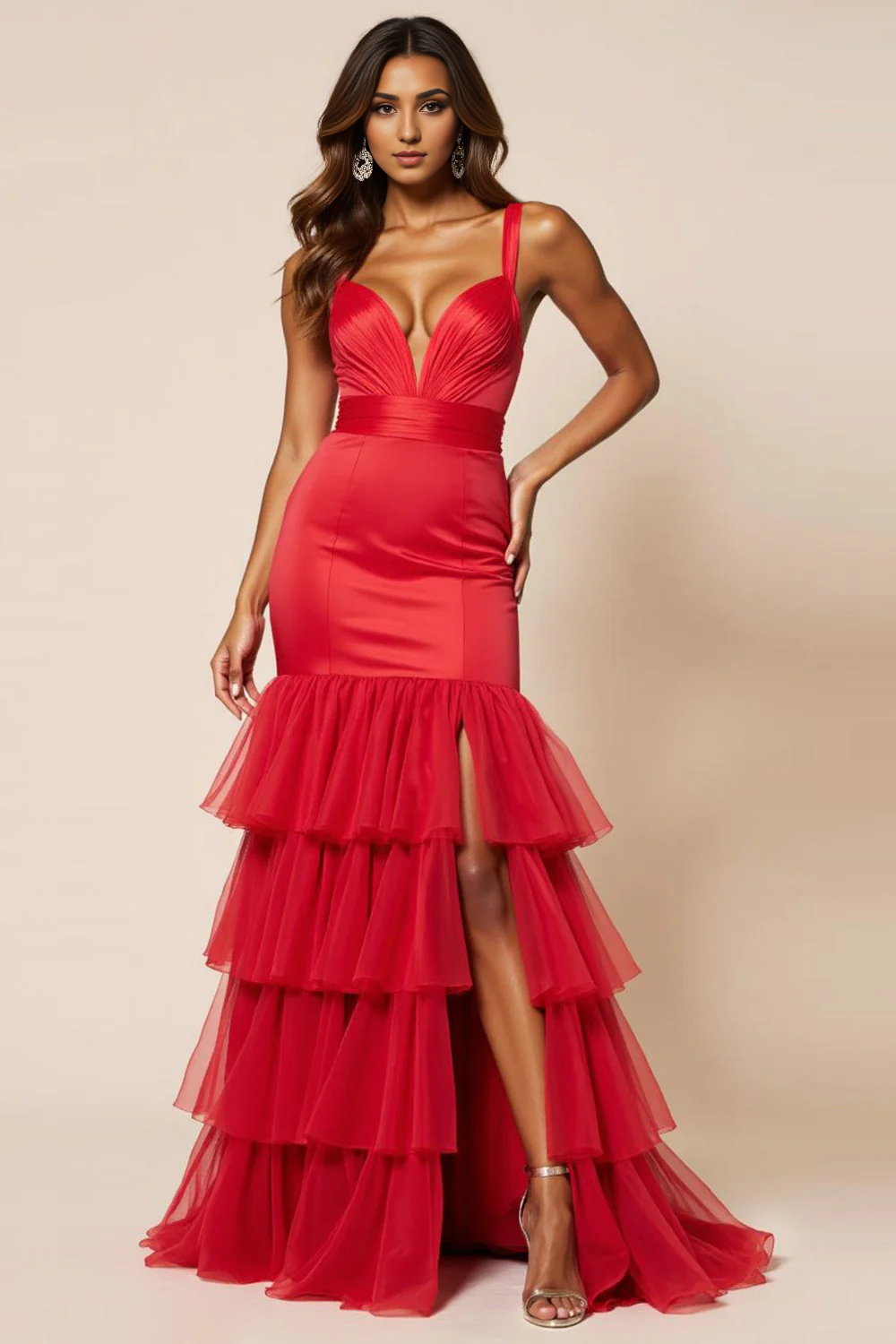 AABEI DRESS Hot Sale Prom Dress Exquisite Mermaid Sheath V-Neck Tiered With Ruffles Fashion Long Formal Dress