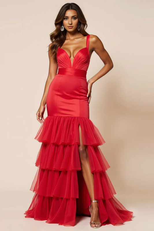 AABEI DRESS Hot Sale Prom Dress Exquisite Mermaid Sheath V-Neck Tiered With Ruffles Fashion Long Formal Dress