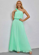 Elegant Green Chiffon A-line One-Shoulder Shoulder 3D Flower Sleeveless With Ruffles Affordable Floor-Length Bridesmaid Dress