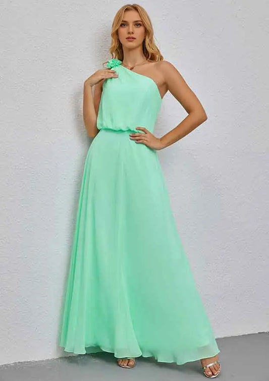 Elegant Green Chiffon A-line One-Shoulder Shoulder 3D Flower Sleeveless With Ruffles Affordable Floor-Length Bridesmaid Dress