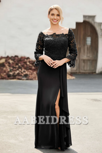 AABEI DRESS Mother of the Bride Dresses Ruffles Long Sleeves Sheath Dress With Slit Elegant Formal Dress Wedding Guests Dresses