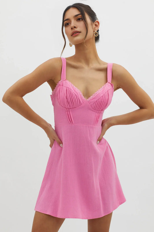 Elegant A Line V Neck Pleated Corset Wide Shoulder Straps Hot Pink Mini Dress Hot Sale Homecoming Dress