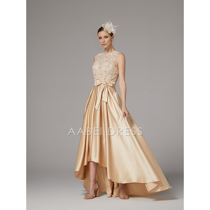 AABEI DRESS Wedding Guest Dress A-Line Elegant Jewel Neck High Low  Asymmetrical Satin Lace Sleeveless Floor Length with Bow(s) Pleats Mother of the Bride Dress