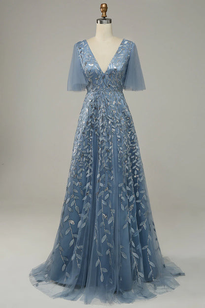 AABEI DRESS Hot Sale Prom Dress Exquisite V Neck Flowing Sleeves Tulle Embroidered Leaves Fashion Formal Dress