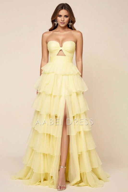 AABEI DRESS Hot Sale Prom Dress Elegant Strapless Tulle Ruched Tiers With Slit Long Formal Dress