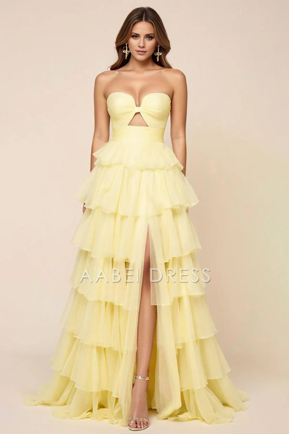 AABEI DRESS Hot Sale Prom Dress Elegant Strapless Tulle Ruched Tiers With Slit Long Formal Dress