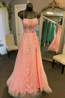 Coral Sparkle Tulle Gorgeous A Line Spaghetti-Straps Sleeveless With Lace Appliques Side Fork Exquisite Wedding Guest Dress Long Hot Sale Prom Dresses