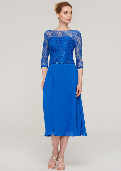 Vintage Elegant Wedding Guest Dresses Royal Blue Chiffon Lace A-line Bateau 3/4 Sleeve With Beading Ruched Tea-Length Bargain Mother of the Bride Dress