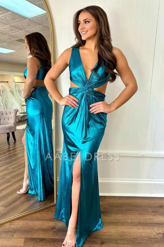 AABEI DRESS Hot Sale Prom Dress Stylish Mermaid V-Neck Cutout Waist Long Metallic Side Fork Unique Formal Dress